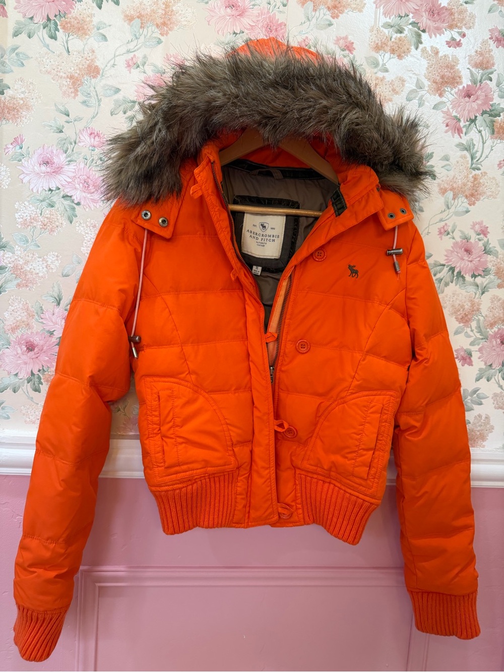 Y2K Abercrombie Orange Puffer Jacket with Faux Fur Hood